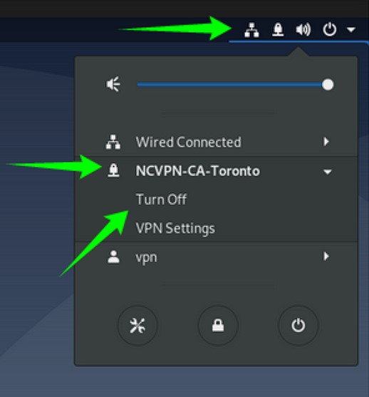 A screenshot with the dropdown that gives users the option to disconnect OpenVPN on Linux Debian